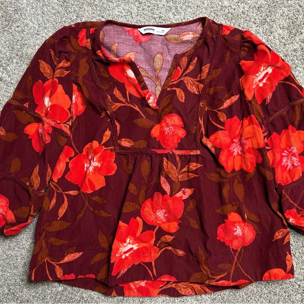 Sonoma PM Burgundy Floral Blouse | Puff Sleeve Corduroy Tunic Top